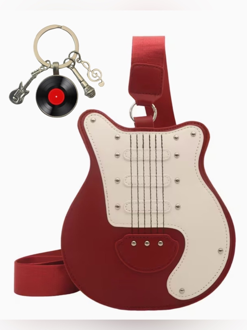 Red & Cream Guitar Shaped Crossbody Bag + Music Record Bag Charm